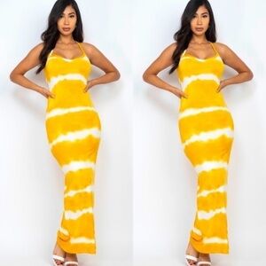 NEW ARRIVAL WOMEN MUSTARD YELLOW STRIPE TIE DYE RACERBACK TANK TOP MAXI DRESS